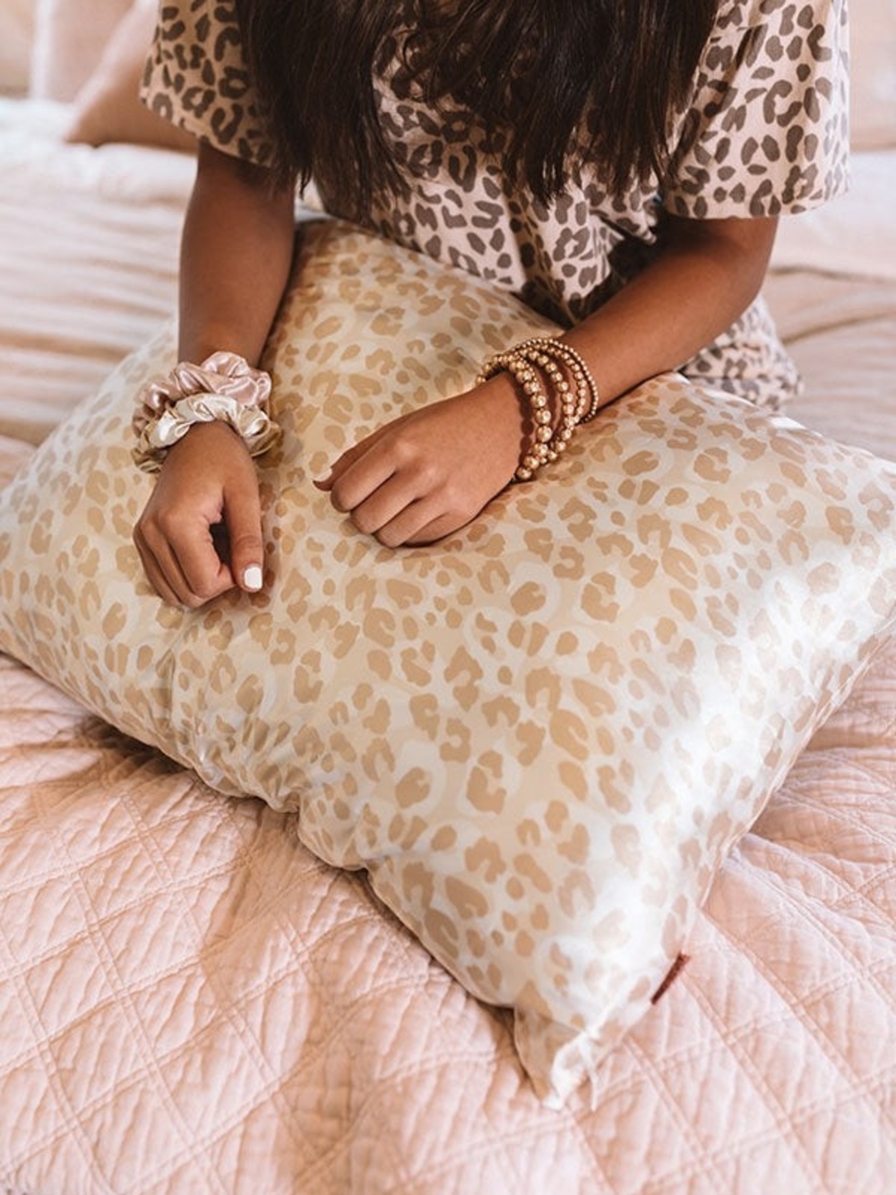 KITSCH 2pc PAIR Leopard Print Satin Standard Pillowcases Cream Tan Ivory